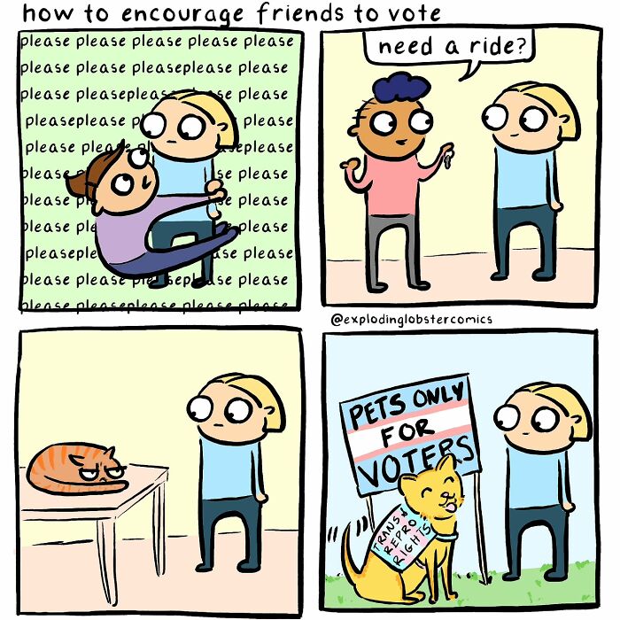 Comic panels by artist showing silly and honest moments about encouraging friends to vote in relatable scenes.