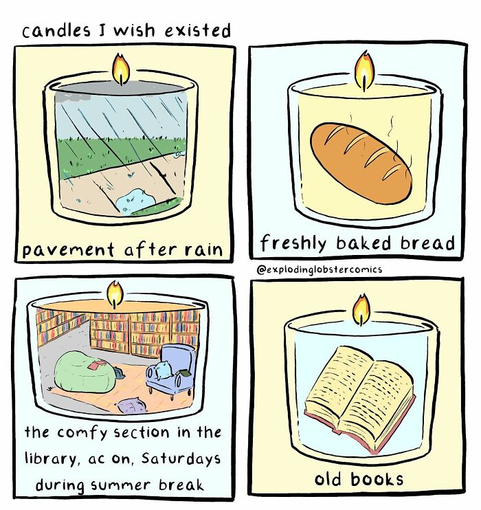 Comic panel showing four candles labeled with comforting scents, illustrating a silly and honest artist's comic style.
