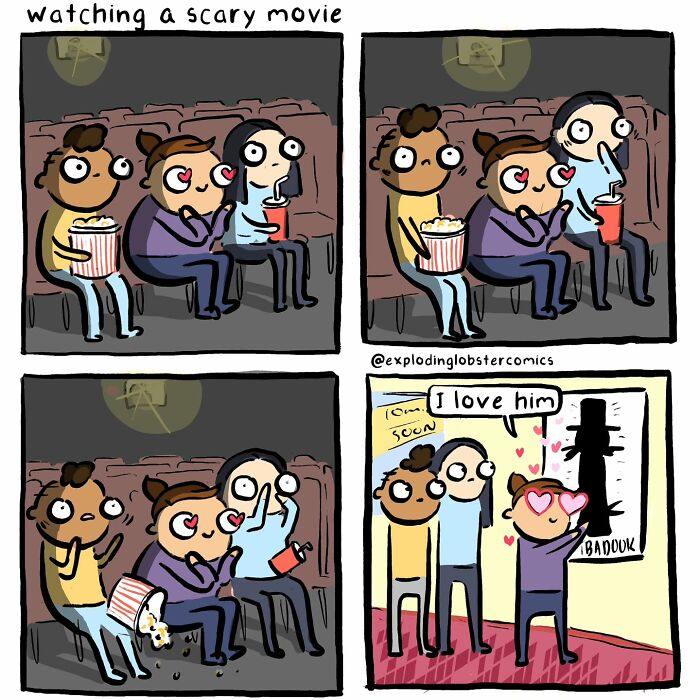 Comic strip by artist showing silly and honest moments watching a scary movie with exaggerated emotions and humor.