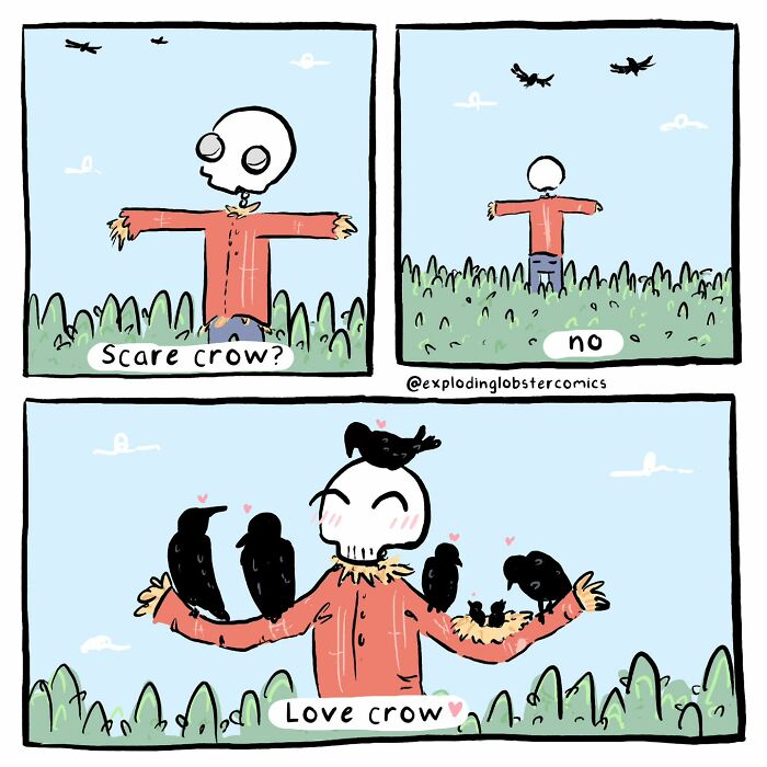 Comic strip by artist featuring a silly and honest scarecrow surrounded by friendly love crows in a grassy field.
