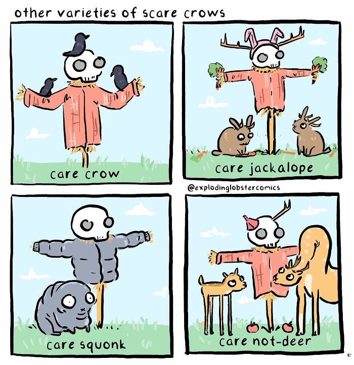 Comic panel featuring silly and honest scarecrow characters in a whimsical setting from a popular artist’s comic series.