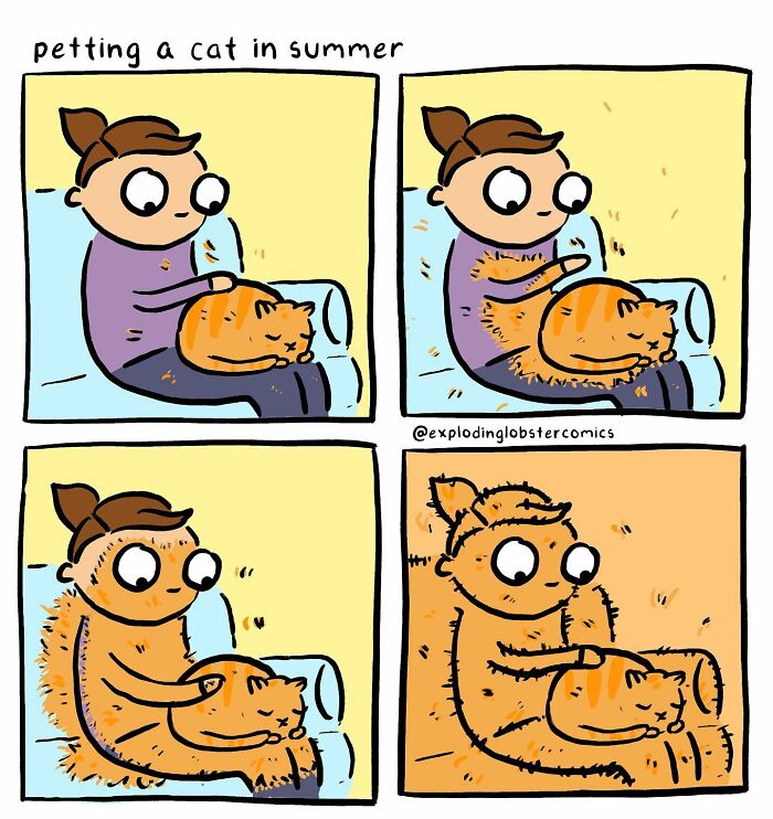 Comic showing a person petting an orange cat in summer, humorously illustrating relatable and honest moments in life.