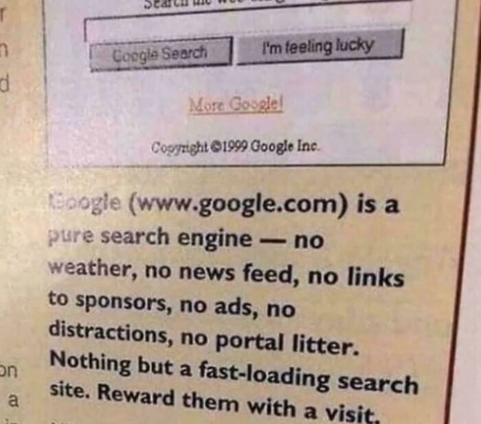 Excerpt from a vintage page explaining Google as a pure search engine in unusual and cool world facts context.