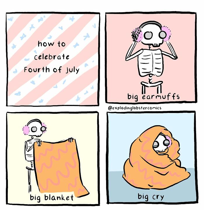 Comic by artist showing a skeleton with earmuffs, a blanket, and crying, capturing silly and honest moments in a relatable comic style.