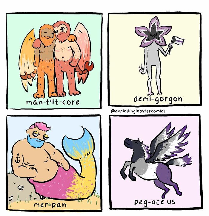 Four colorful comics by an artist showing silly and honest characters including man-t4t-core, demi-gorgon, mer-pan, and peg-ace us.