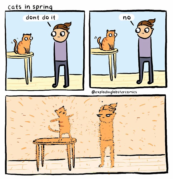 Comic by artist shows funny and honest moment of cats shedding fur in spring causing a messy room scene.