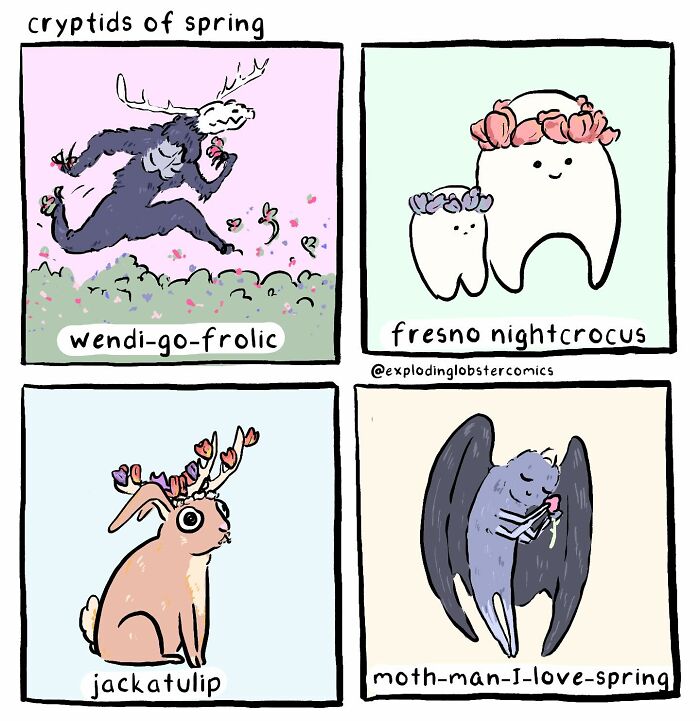 Colorful comics featuring whimsical cryptids of spring including wendi-go-frolic, fresno nightcrocus, jackatulip, and moth-man-I-love-spring.