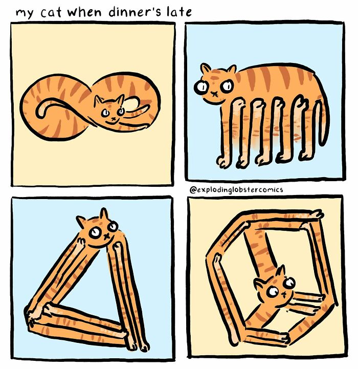 Comic strip showing a silly and honest cat with unusually shaped body parts in a style reflecting comics by this artist.