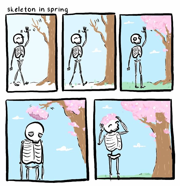 Comic panels showing a skeleton under a blooming tree in spring, capturing silly and honest moments from the artist's work.