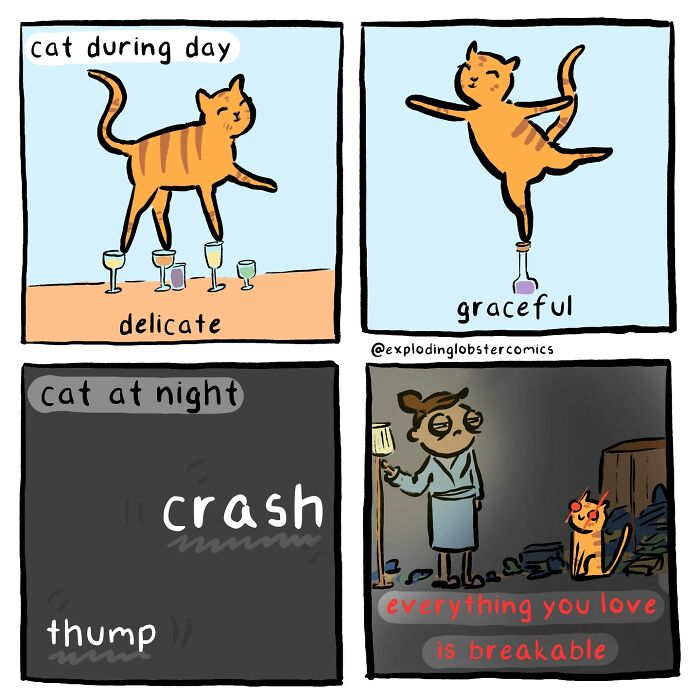 Comic showing a cat acting delicate and graceful by day, then crashing and breaking things at night, in silly honest style.