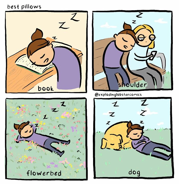 Comic panels showing different silly and honest sleeping positions including book, shoulder, flowerbed, and dog with a person peacefully napping.