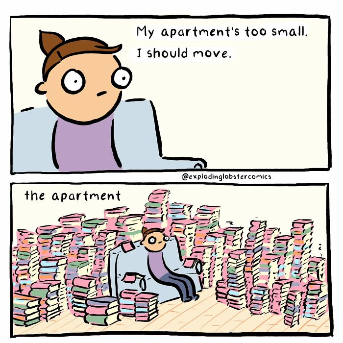 Cartoon showing a person overwhelmed by stacks of books in a small apartment, from comics by this artist.