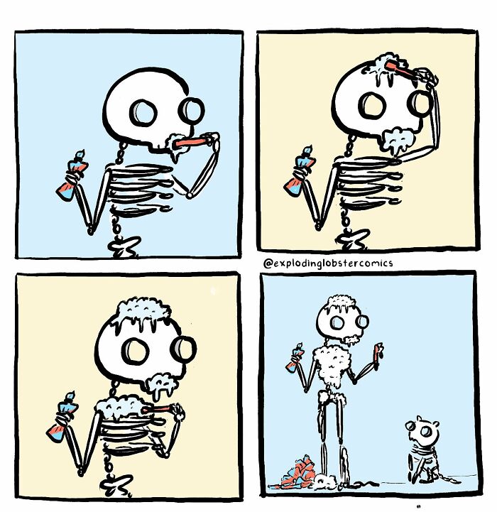 Comic panels showing a skeleton applying and rinsing shaving cream, illustrating silly and honest comics by the artist.