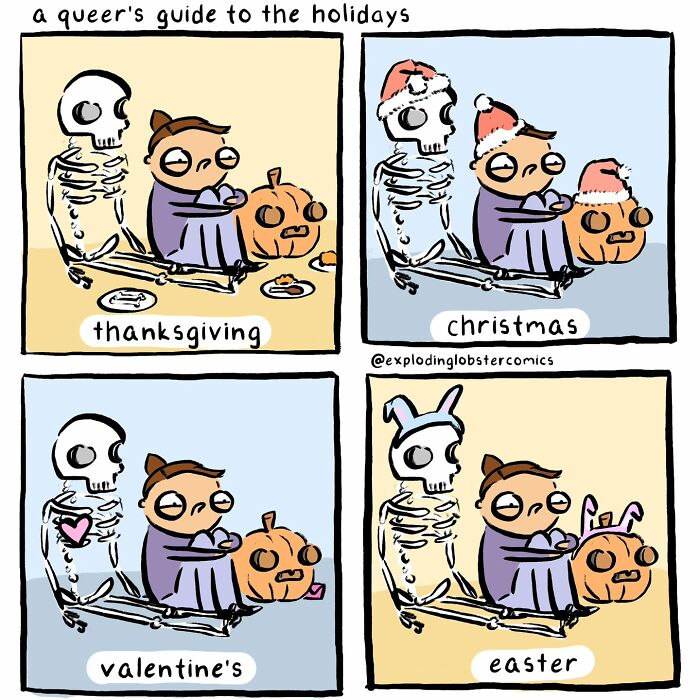 Comic panels showing a character and skeleton depicting queer holiday experiences in a silly, honest, and relatable comic style.