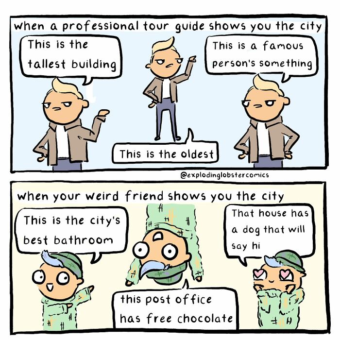 Comic strip by artist showing silly and honest city tours with quirky and relatable humor in everyday situations.