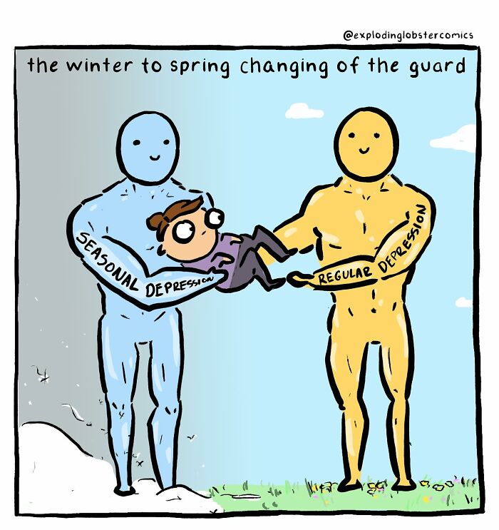 Comic showing seasonal depression passing a person to regular depression in a silly, honest, and real artist's work.