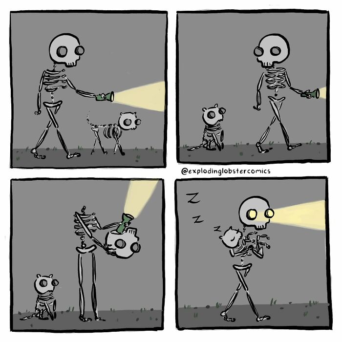 Skeleton and cat cartoon panels by artist Exploding Lobster, showing silly and honest moments with flashlight and walking at night.