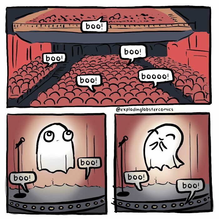 Comic panels showing a ghost on stage receiving boos from a large audience, featuring silly and honest comics by this artist.