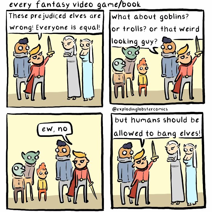 Comic strip by artist showing silly and honest fantasy characters debating equality and relationships in video games.