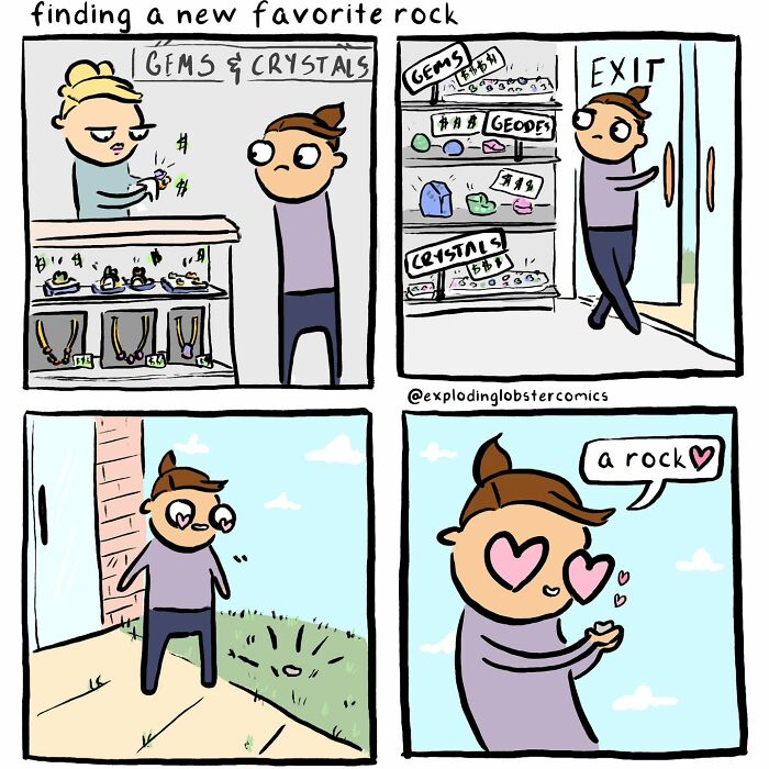 Comic strip by artist showing character searching for a favorite rock, blending silly and honest moments in comics.