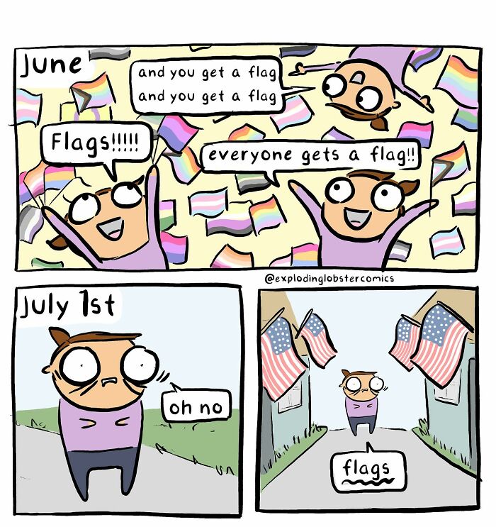 Comic strip showing flags in June and July, capturing silly and honest moments in relatable comics by the artist.