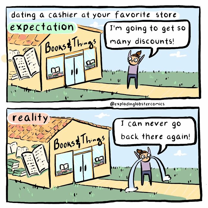 Comic panel showing a silly and honest moment about dating a cashier, capturing relatable and real emotions.