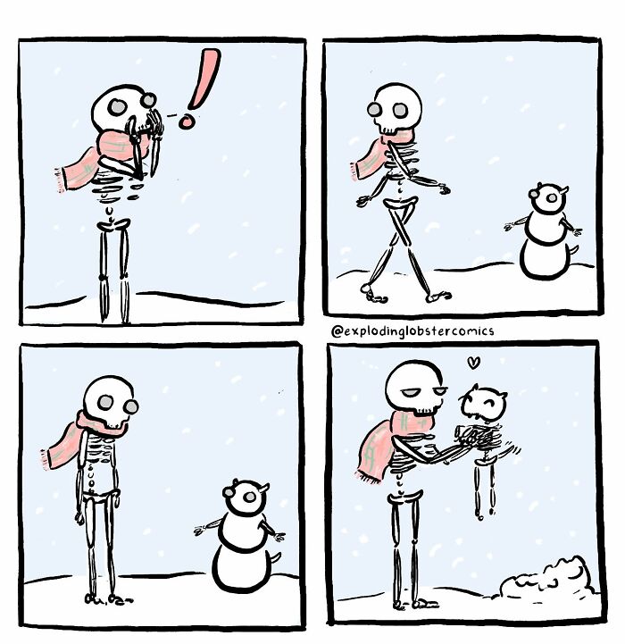 Comic panels showing a skeleton in a scarf building and holding a small snowman, depicting silly and honest comic art.