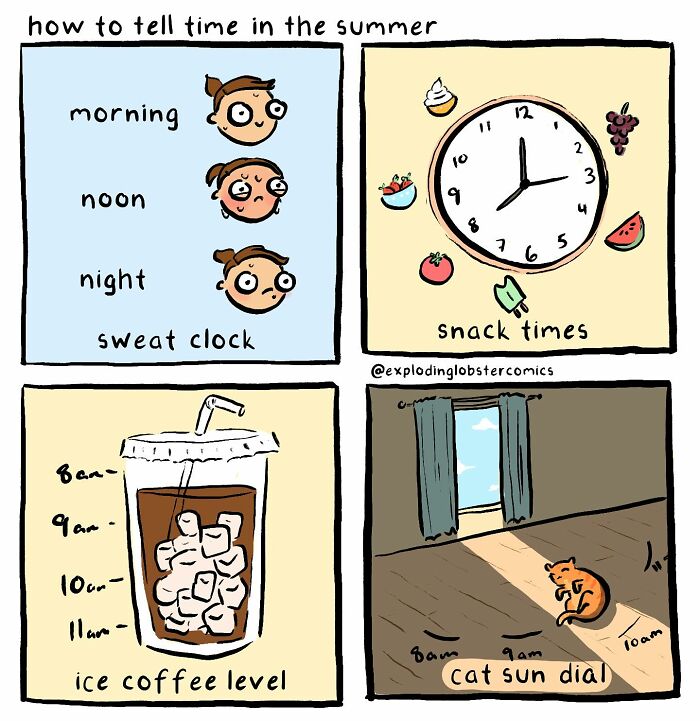 Comic illustrating summer time with silly, honest, and relatable panels about sweat, snacks, ice coffee, and a cat sun dial.