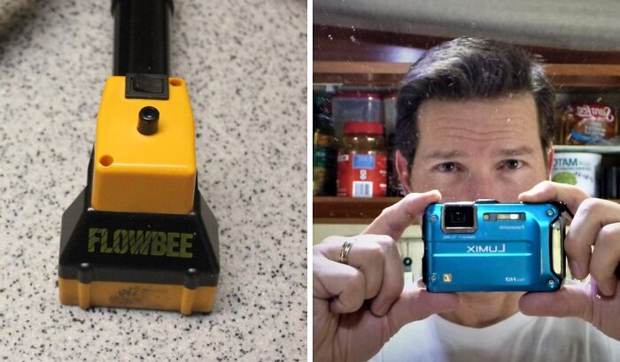 Yellow and black Flowbee infomercial gadget next to a man holding a blue Lumix camera indoors, showcasing infomercial finds.