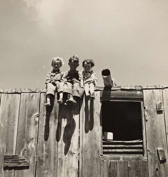 Three children sitting on a wooden roof, a rare photo capturing life during the Great Depression era.