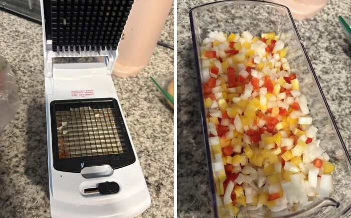 Infomercial kitchen chopper with diced red, yellow, and white vegetables in a glass container on a countertop.