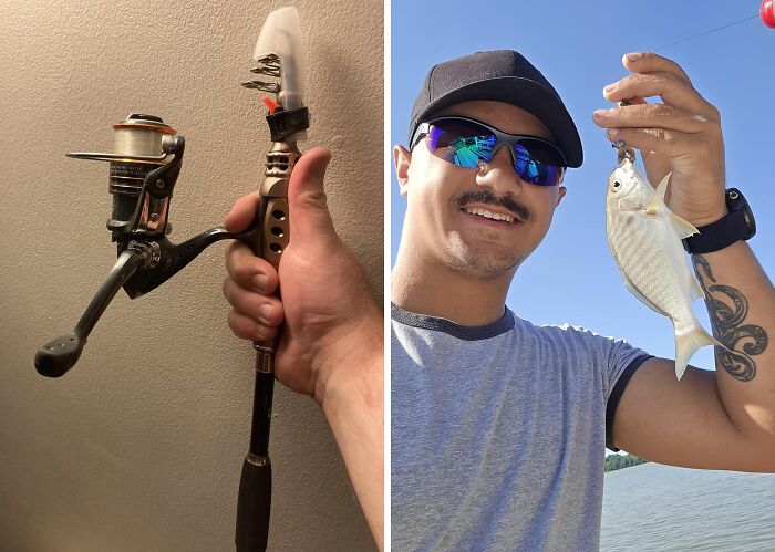Hand holding a unique infomercial fishing rod with a man showing a caught fish during a sunny outdoor fishing trip.