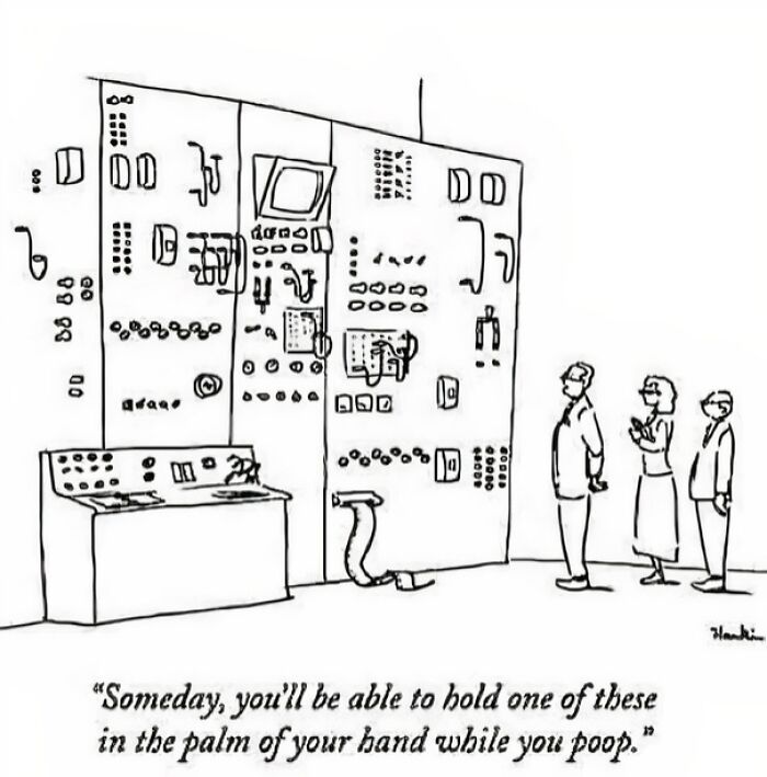 Cartoon showing old computer with caption about holding large machines in hand, highlighting cringy jokes about boomers and internet.