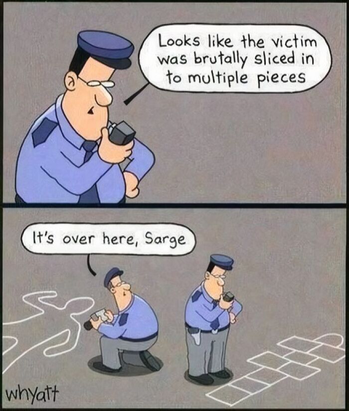 Cartoon police officers humorously investigating cringy jokes showing boomer internet misunderstandings and mishaps.