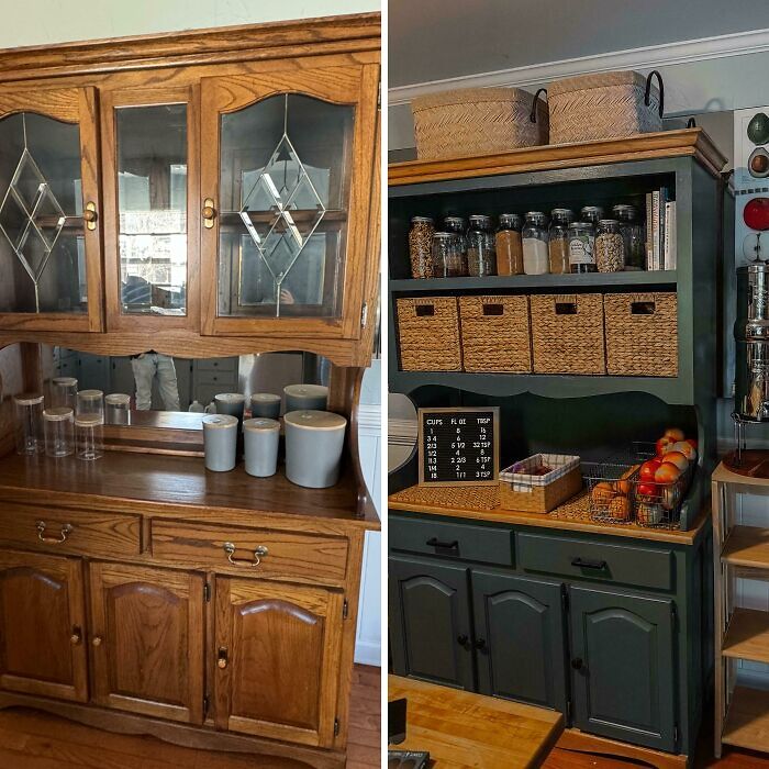 Before and after furniture flipping project showing a wooden cabinet transformed with paint and new storage baskets.
