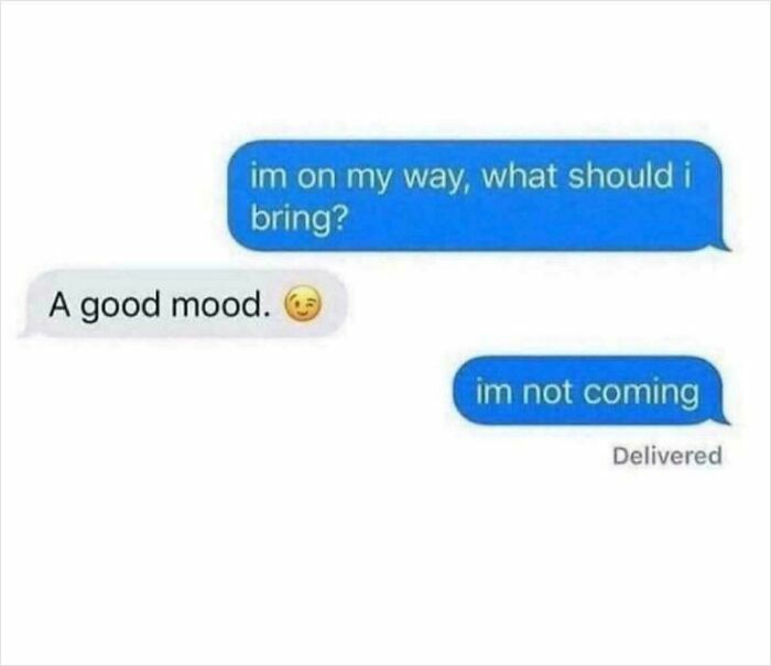 Text message exchange showing someone asked what to bring and the reply was a good mood before saying they are not coming, showing zero ducks given.