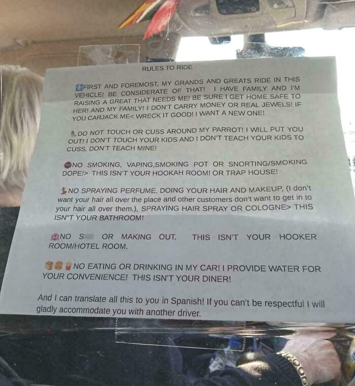 Sign posted in a car listing strict rules for passengers, showing suspiciously unbothered attitude toward common behaviors.