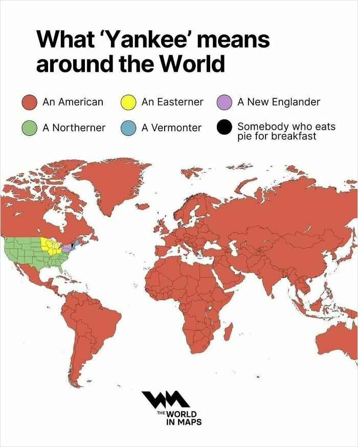World map infographic showing regional meanings of Yankee across America and the rest of the world from Simon Shows You Maps.