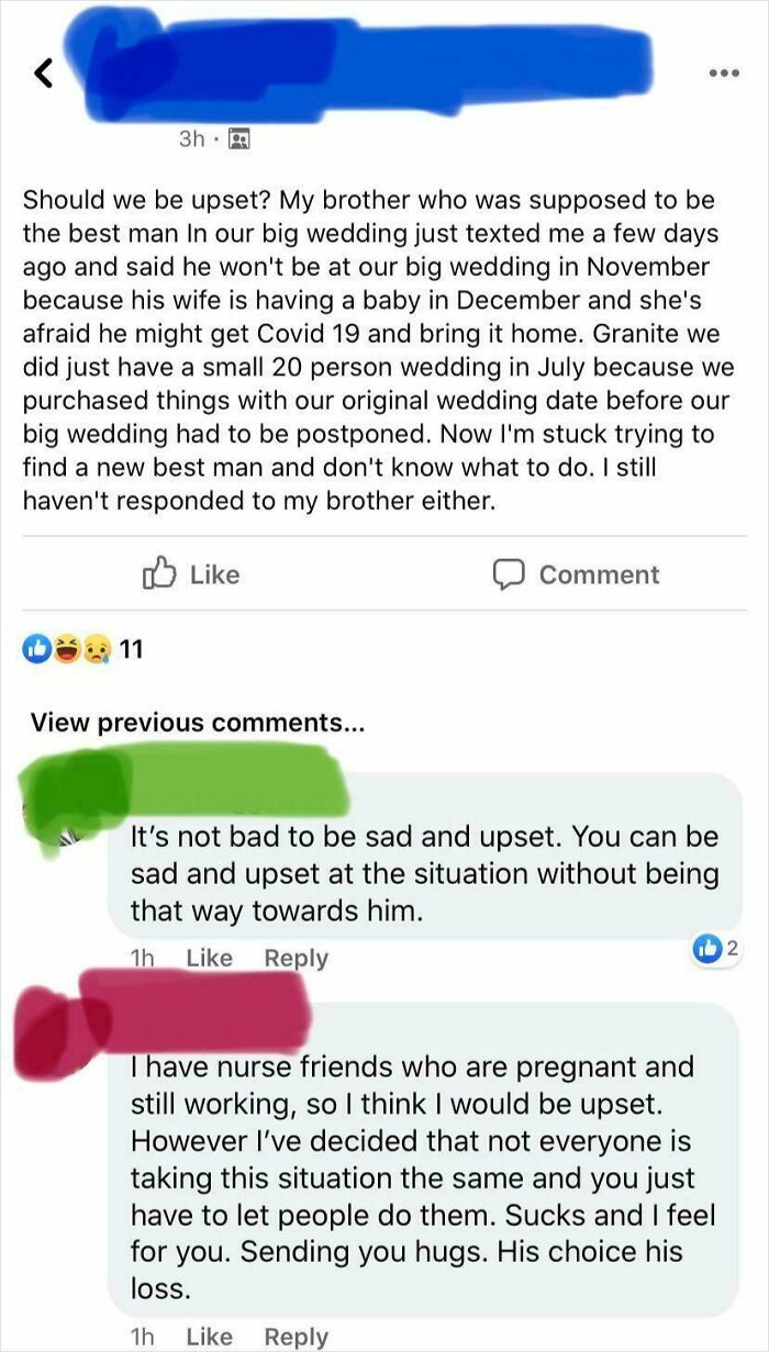 Social media exchange revealing groom's sense of entitlement after best man cancels attendance due to family health concerns.