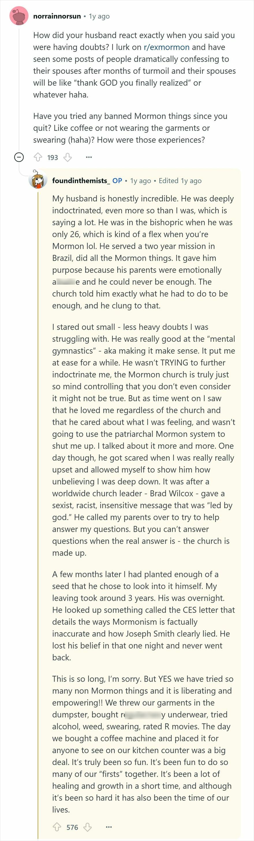 Reddit conversation of people raised Mormon discussing how they found out Mormonism is a cult and their experiences after leaving.