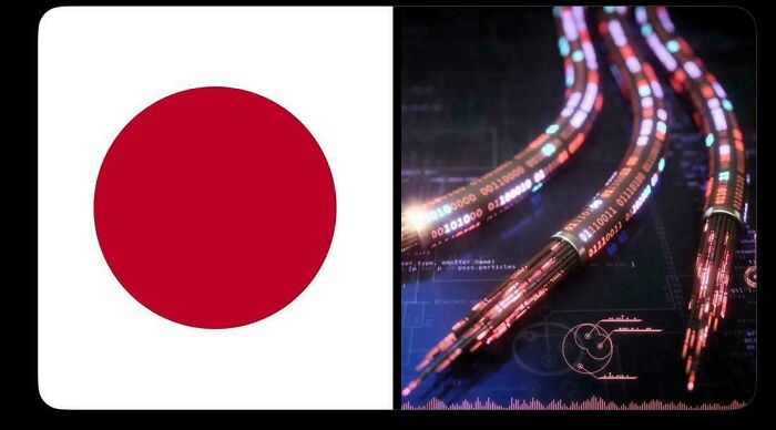 Japanese flag beside digital fiber optic cables with glowing data streams, illustrating unusual and cool world facts.