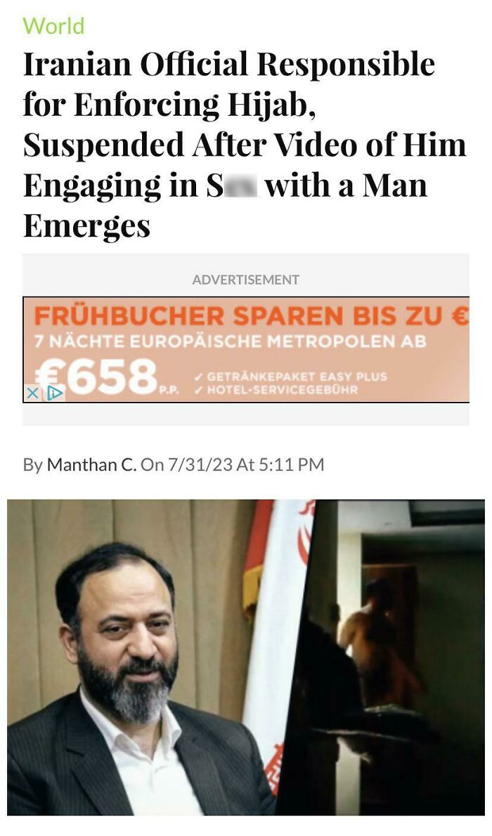 Iranian official photographed with a beard and suit, suspended after a scandal, illustrating consequences of stupidity and job loss.