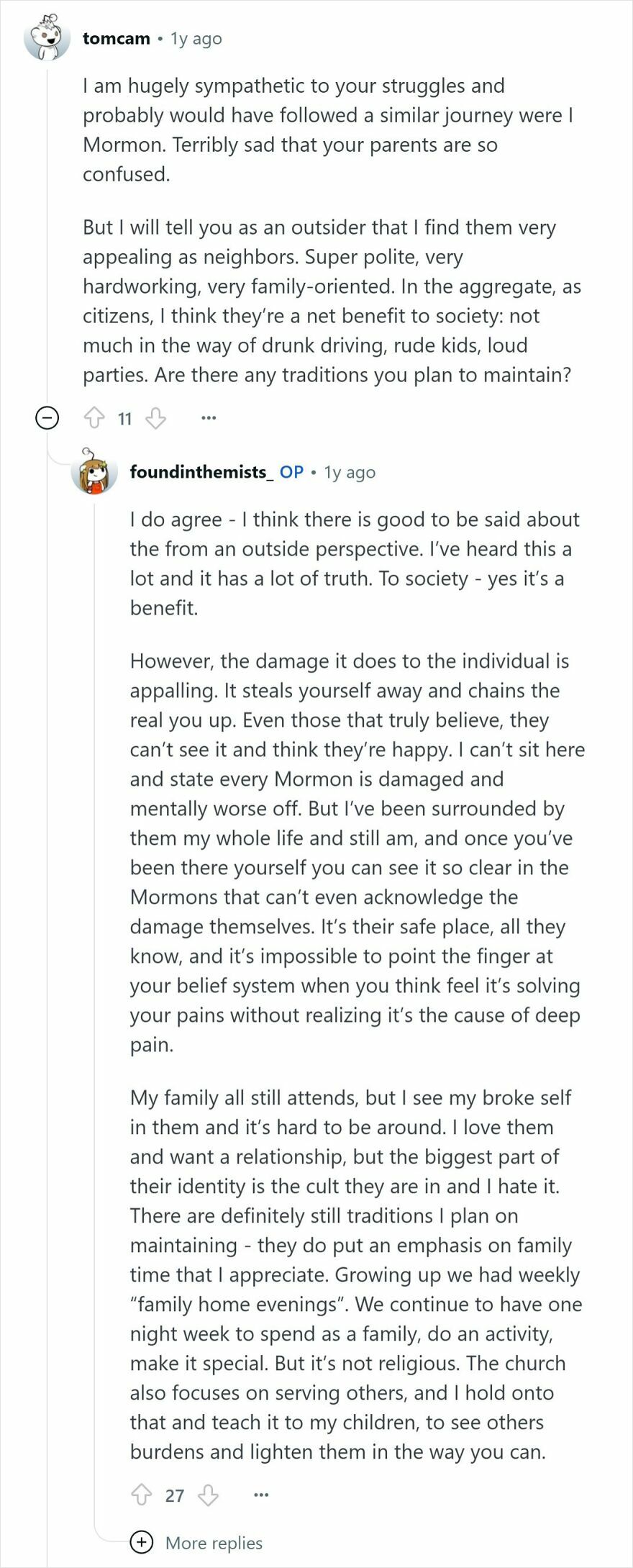 Reddit conversation discussing experiences of people raised Mormon and views on Mormonism being a cult and its impact.