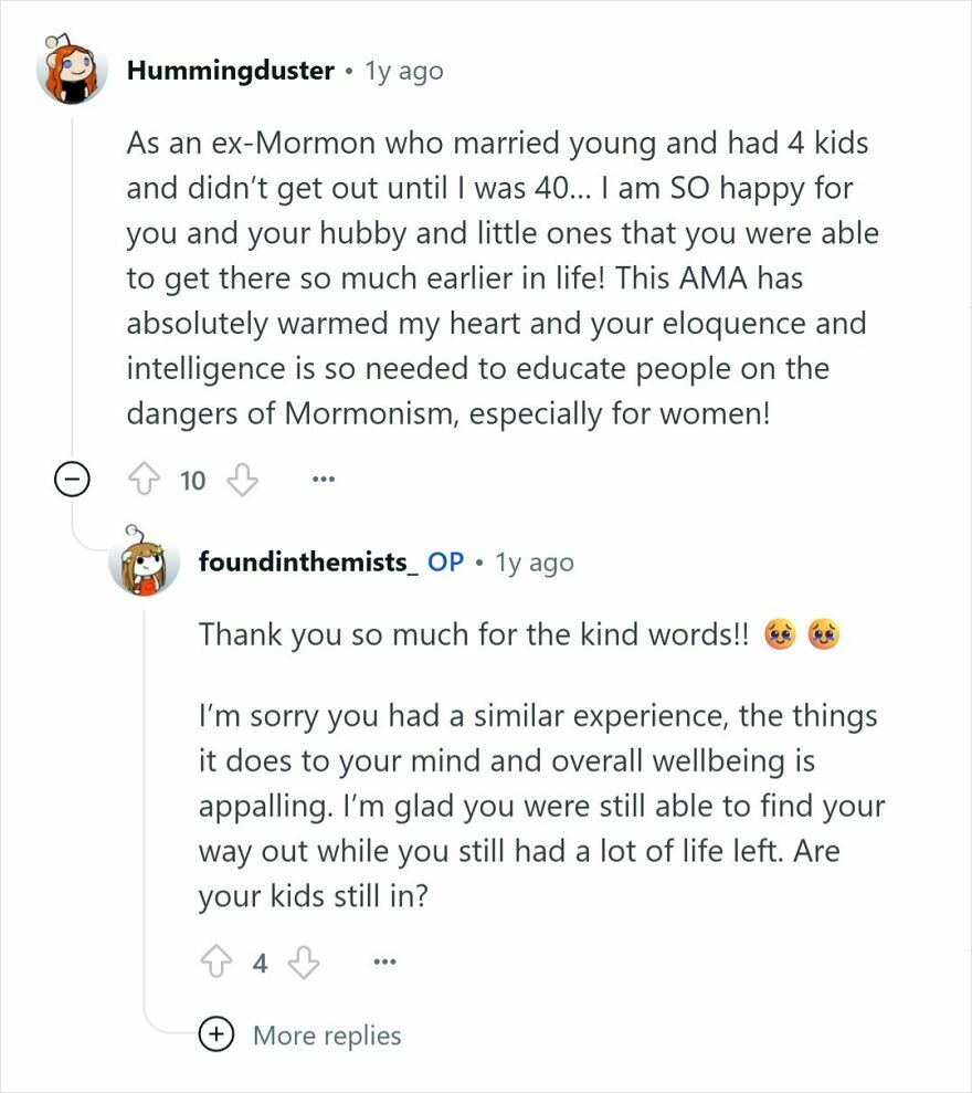 Reddit users discussing experiences and dangers of Mormonism in a conversation about Mormon cult beliefs.