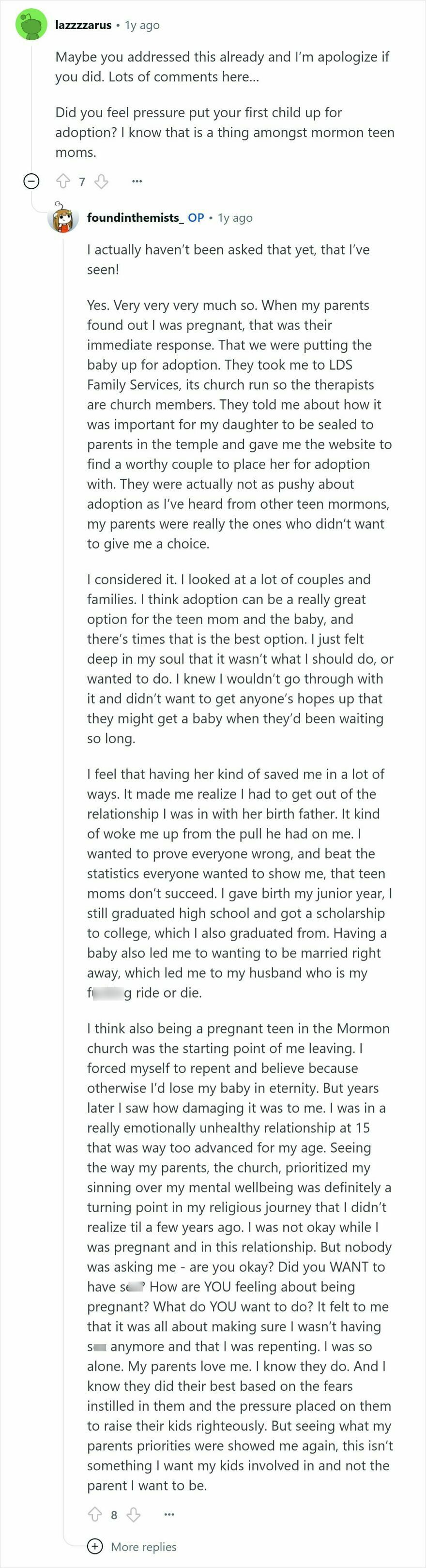 Reddit conversation about Mormon upbringing, adoption pressure, and personal experiences revealing Mormon cult dynamics.