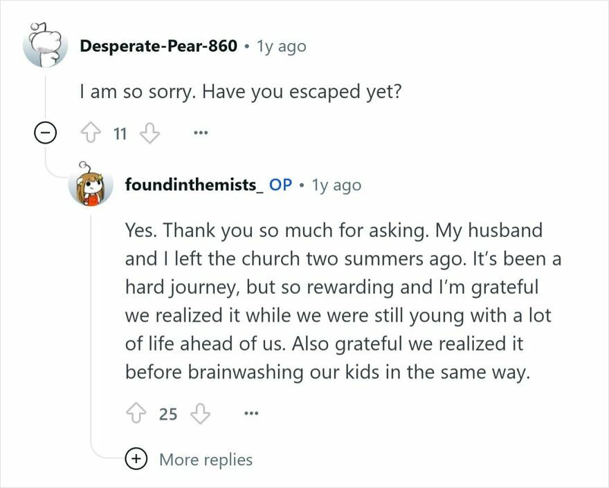 Reddit conversation showing people who were raised Mormon discussing escaping and realizing it’s a cult before brainwashing their kids.