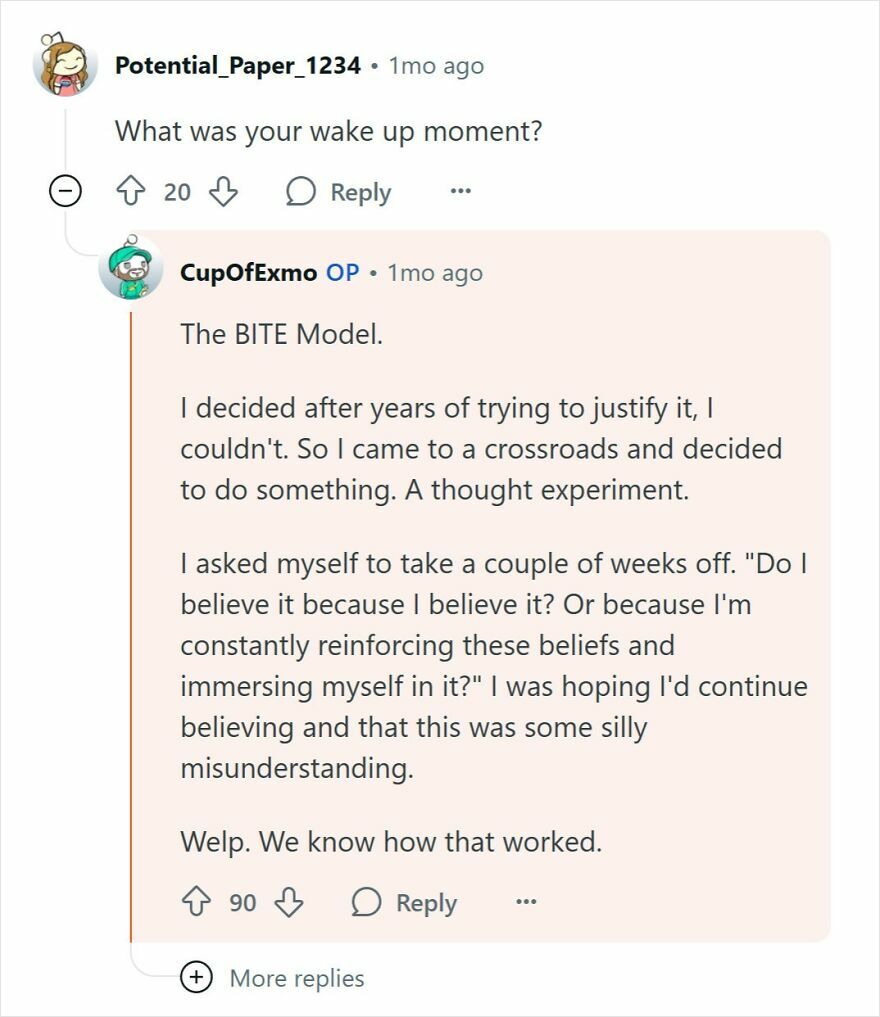 Reddit thread showing a discussion about the BITE model and cult awareness from people raised Mormon.