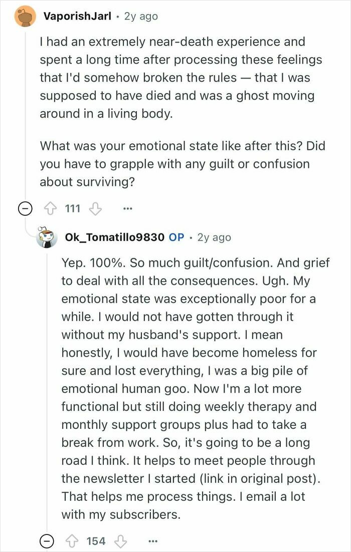 Reddit conversation showing a woman who died for 24 minutes discussing emotional struggles and recovery support.