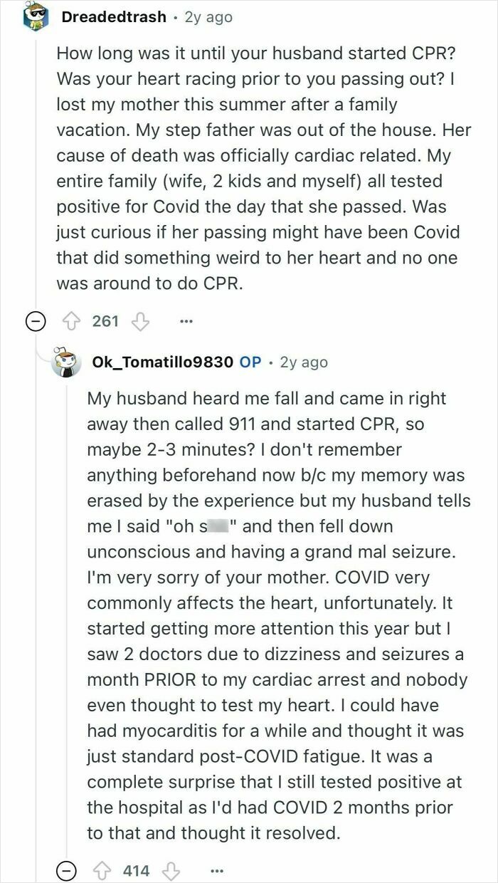 Reddit user shares experience of cardiac arrest and CPR after COVID-related heart issues causing memory loss and seizures.