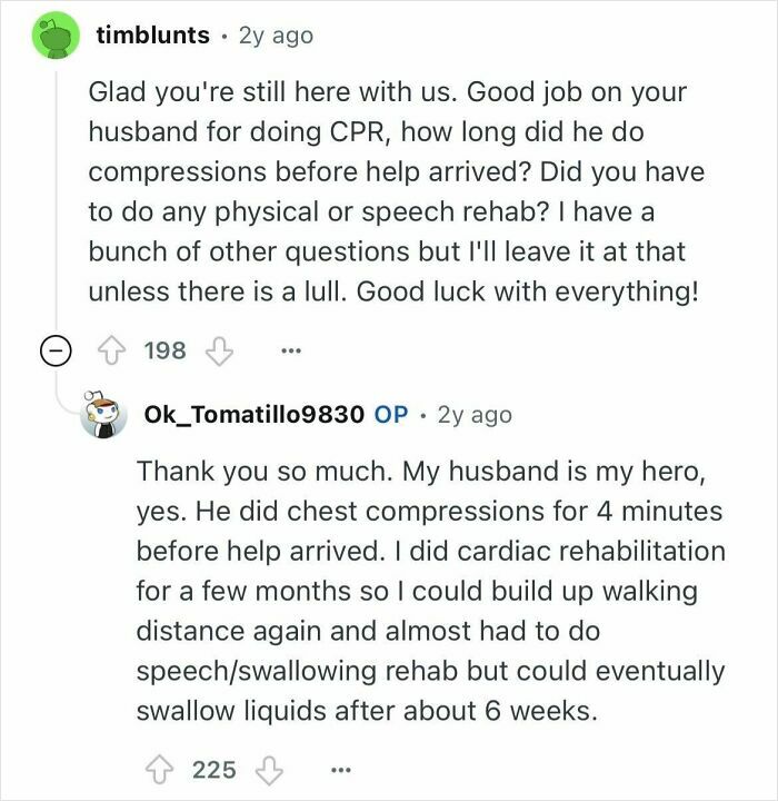 Reddit user answers questions about surviving 24 minutes of clinical death and recovery including CPR and rehab details.